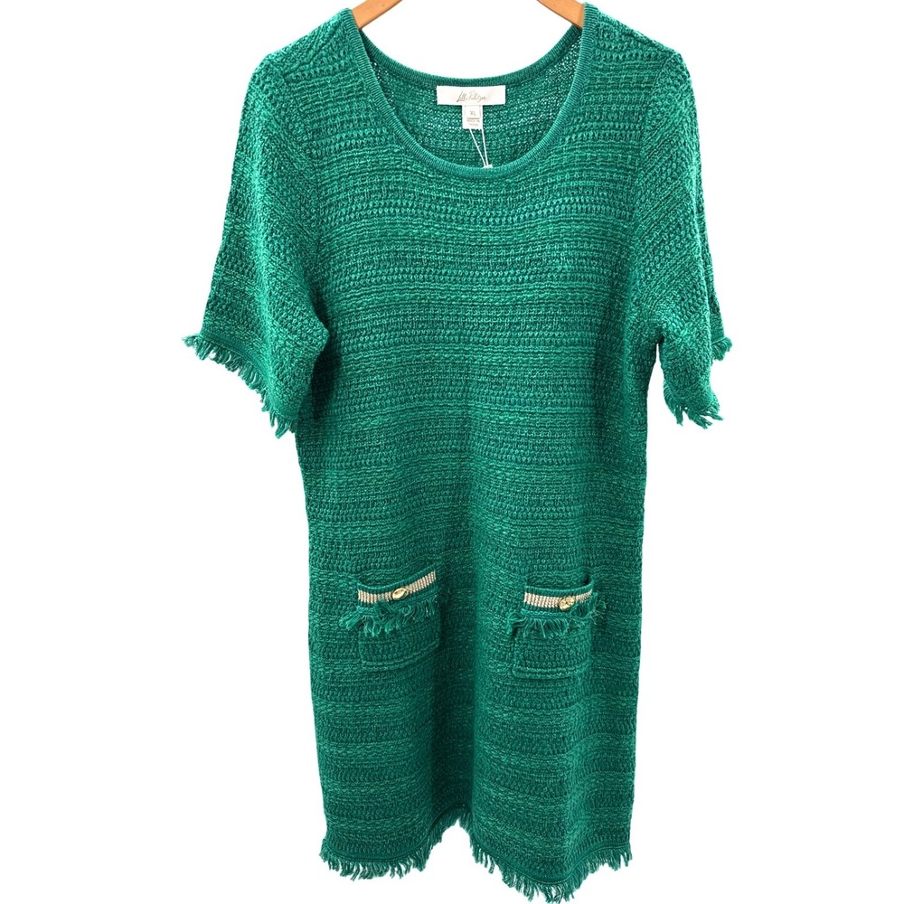Lilly Pulitzer Beckington Sweater Dress XL Green Metallic Tweed Fringe NWT $218